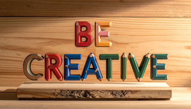 Inspirational Message Crafted with Colorful Wooden Pencils Arranged to Form The Words Be Creative on a Rustic Natural Texture Wooden Background