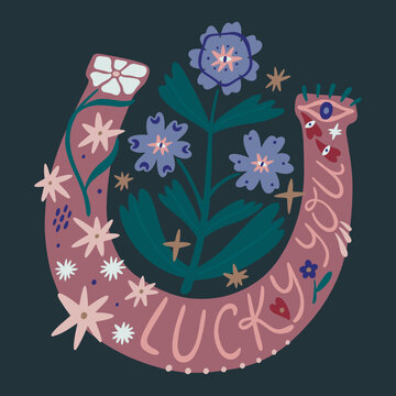 Groovy vector logo featuring lucky horseshoe decorated with vibrant wildflowers and greenery in a charming cowboy western and folk style