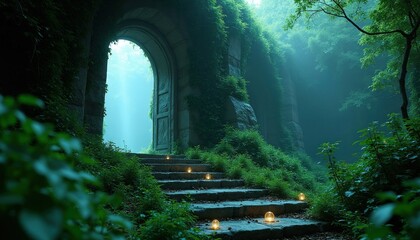 Obraz premium Old stone arch door stands in dark forest. Stone stairs with small glowing lights lead into mysterious entrance surrounded by dense green vines, wild plants. Magical ancient portal path hides in