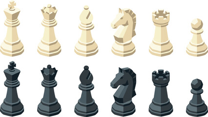 Isometric Chess Pieces Vector Icon Set with 3D White and Black King, Queen, Bishop, Knight, Rook, and Pawn Figures for Board Game UI Designs © Sultana