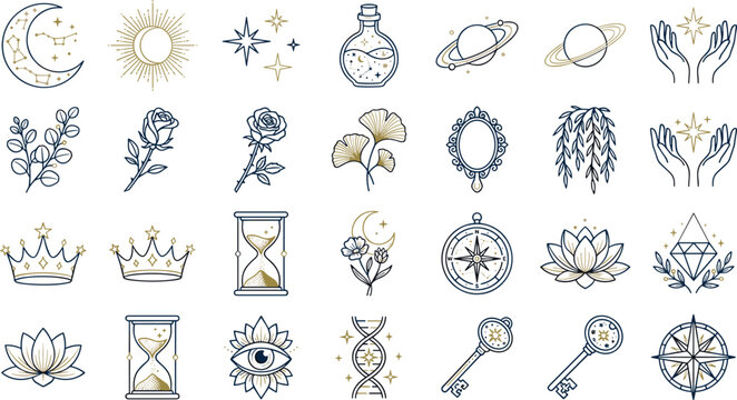 Mystical Celestial Boho Icon Collection Featuring Moon Stars Lotus Compass Crown Magic Keys and Spiritual Symbols Vector Set