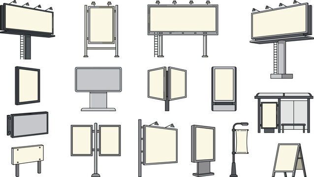 Outdoor Advertising Display Collection Featuring Billboards Bus Stop Posters Digital Signage Lightboxes Street Banners and Marketing Display Vector Set