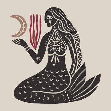 Divine goddess mermaid vector clipart illustration, boho sacred magic woman silhouette, mystical ocean siren fine line art, celestial sea deity emblem for wellness branding
