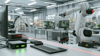 Obraz premium Advanced Laboratory Robotics with Calibration Tools on Desk, High-Tech Equipment in Modern Research Facility