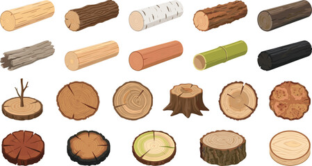 Wood Log and Tree Trunk Collection Featuring Timber Stumps Cross Sections Bamboo Bark Firewood and Forestry Vector Illustration Set © Minara