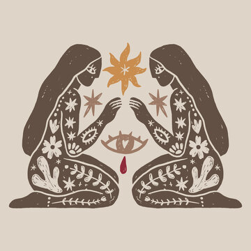 Divine goddess vector clipart illustration, minimalist sacred magic woman silhouette, celestial boho branding element, mystical female deity line art for tarot and wellness logo