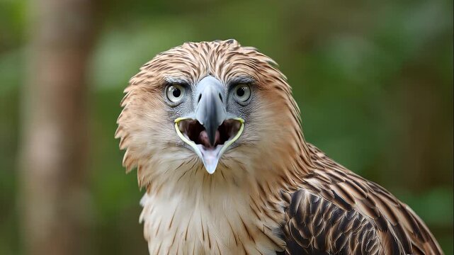 Close-up profile of majestic raptor with sharp hooked beak and penetrating eye feathers and plumage detail against natural green blurred background in wildlife setting