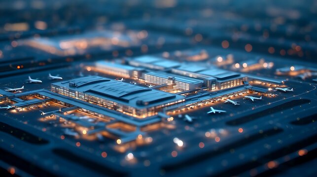 A detailed miniature model of a modern airport with terminals, runways, and airplanes under ambient lighting.