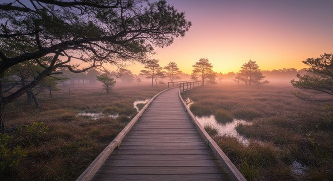 A serene wooden boardwalk leads through a misty wetland landscape at sunrise.