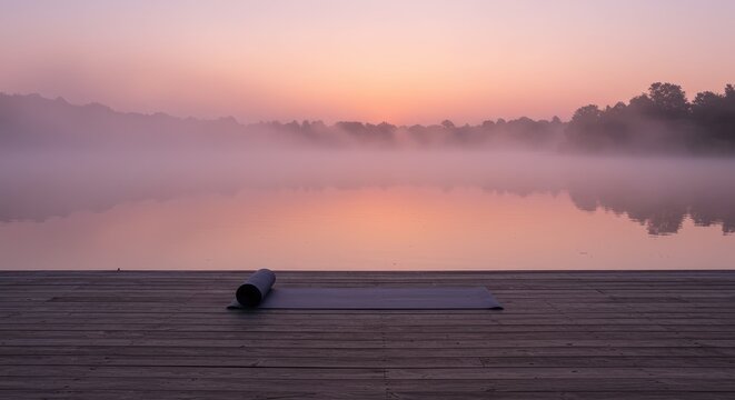 A serene lake scene at sunrise with a dock and misty atmosphere