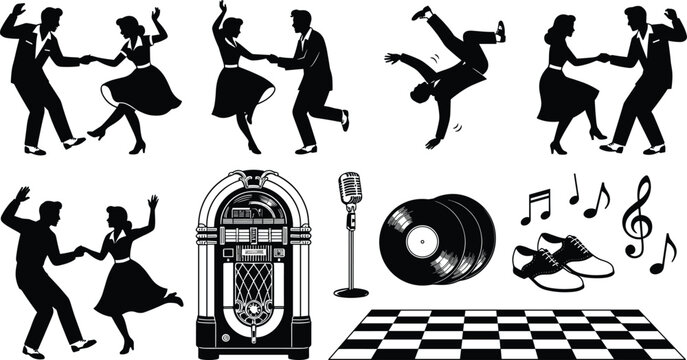Vintage Rock and Roll Dance Party Collection Featuring Swing Dancers Jukebox Vinyl Record Microphone Dance Floor and Music Vector Set
