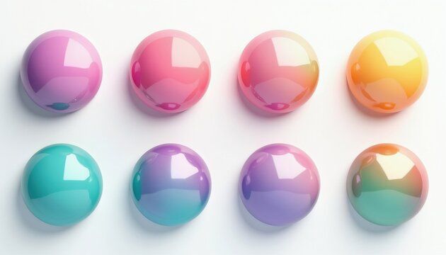Glossy spheres with soft color gradients float on white background. Abstract rounded shapes with pastel hues resemble candy jelly beans. Modern design elements create vibrant, playful aesthetic.