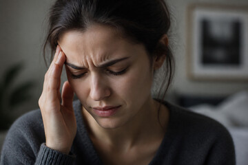 Fototapeta premium A young woman is shown in a dimly lit indoor setting, clutching her head as if experiencing pain or distress.