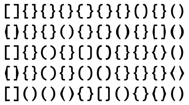 Collection of various black bracket symbols like parenthesis, curly braces and square brackets on white background, perfect for coding interface design, typographic layout and education