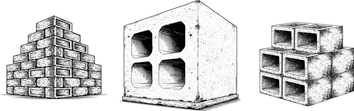A pyramid of stacked cinder blocks in a minimalist black-and-white illustration against a clean white background