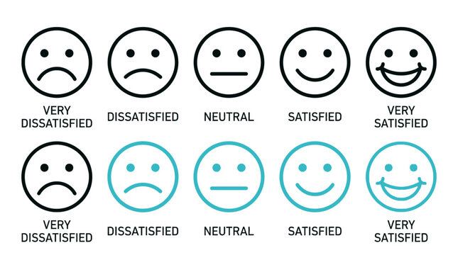 Customer satisfaction rating scale with five different facial expressions in black and teal colors, perfect for user experience design, business feedback surveys and digital marketing analysis