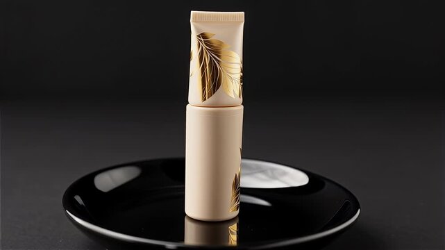 Luxury beige cosmetic tube and bottle with metallic gold leaf pattern stacked on glossy black ceramic plate, minimalist dark background, professional skincare product photography.