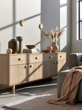 Light oak sideboard with ceramic decor in Scandinavian minimalist living room