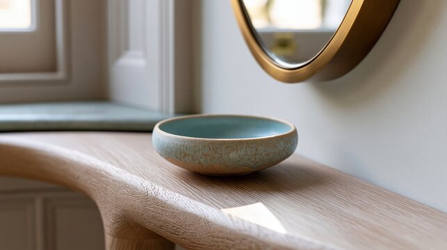 Ceramic bowl on light oak console beneath round mirror in Scandinavian minimalist interior
