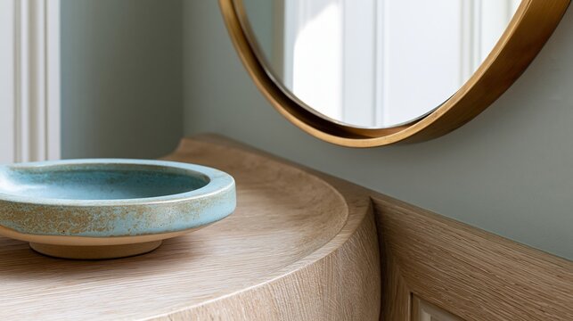 Ceramic bowl on light oak console beneath round mirror in Scandinavian minimalist interior