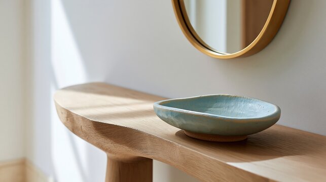 Ceramic bowl on light oak console beneath round mirror in Scandinavian minimalist interior