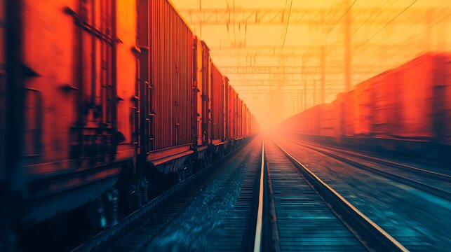 A dynamic view of freight trains on parallel tracks, with a glowing orange hue creating a sense of motion and industrial intensity.
