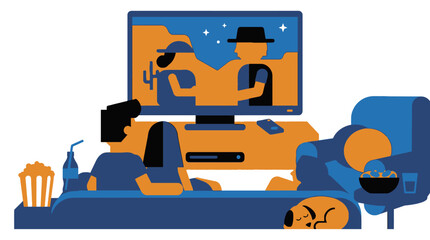 Naklejka na ściany i meble Family enjoying movie night at home with snacks and pets