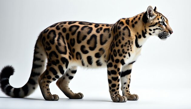 Profile view of wild clouded leopard stands on white background. Exotic feline mammal shows spotted fur pattern, long tail. Beautiful jungle predator looks alert with elegant posture. Strong spotted