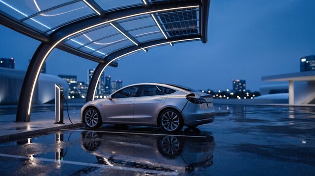 A silver Tesla car charging at a modern station with solar panels and LED lights in a futuristic city at dusk.