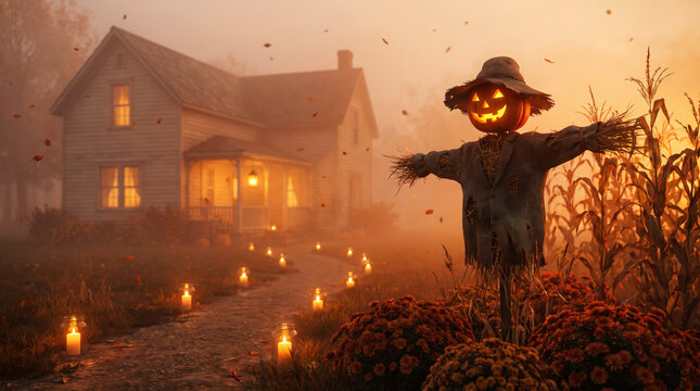 Haunted house garden at golden hour with scarecrow pumpkin head and glowing candles along path for halloween night.