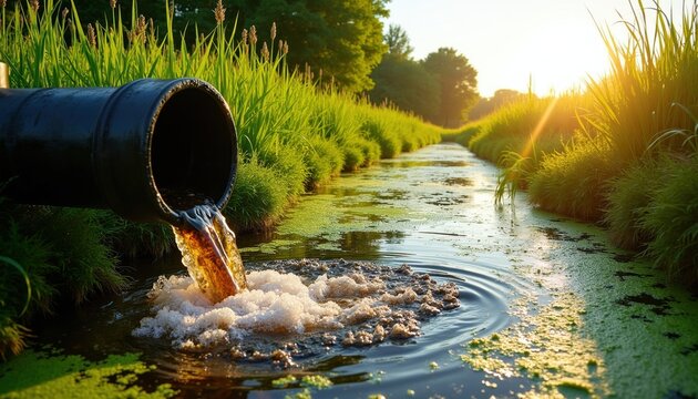 Industrial metal pipe pours dark liquid waste into rural stream. Polluted water flows with foam into bright green marshy creek. Sun shines over dirty river water drainage system. Toxic effluent