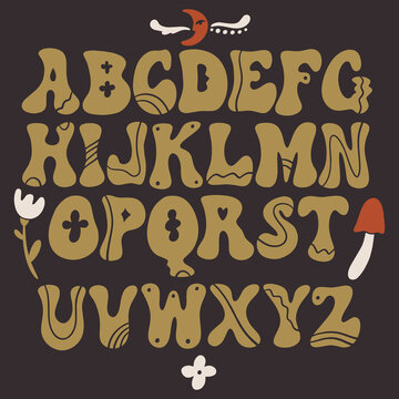 Funky hand-drawn groovy hippie alphabet vector with botanical elements, vintage 70s goblincore forest mushroom ABC kit, whimsical fairytale lettering set for typography design