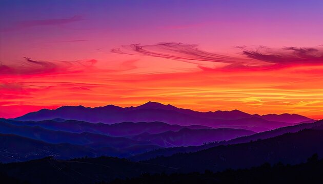 Dramatic sunset paints the sky with vibrant hues over silhouetted mountain ranges.
