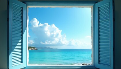 Fototapeta premium Open blue window shutters frame tranquil ocean view with bright sunny sky. Fluffy clouds float above calm turquoise sea water during summer day. Coastal scenery provides peaceful atmosphere for