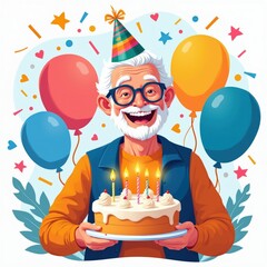 Fototapeta premium Smiling older man holds birthday cake with lit candles. He wears a party hat and glasses. Colorful balloons and confetti fill background. Festive event celebration.