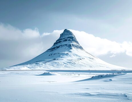 A majestic snow-covered mountain stands tall against a cloudy sky in Iceland.