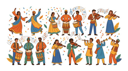 Fototapeta premium Diverse group of musicians and dancers performing traditional music and folk dances.