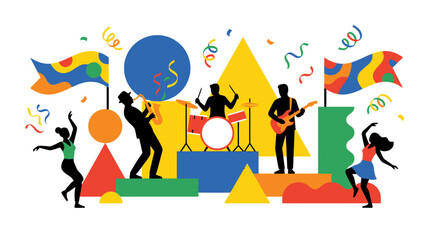 Fototapeta premium Silhouetted musicians and dancers celebrating with colorful geometric shapes and confetti.