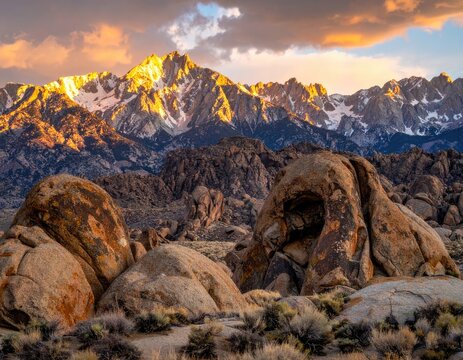 Golden hour illuminates jagged mountain peaks and weathered rock formations.