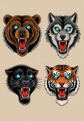 Fototapeta premium Set of Four Fierce Animal Head Illustrations in Traditional Tattoo Style: Bear, Wolf, Panther, and Tiger with Glowing Eyes