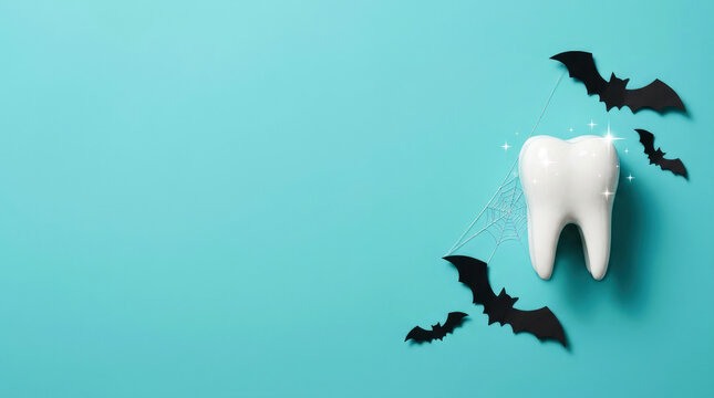 Minimalist dental concept with white tooth surrounded by paper bats and artificial spider web on teal background.