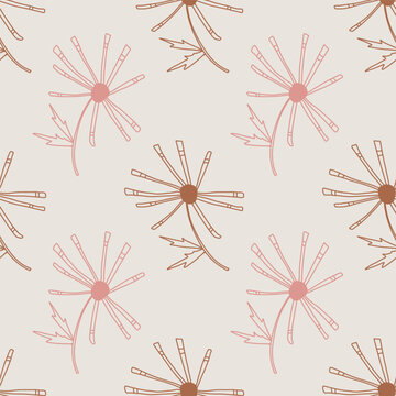Seamless floral pattern with dandelion flowers in a single line. Vector drawn illustration.