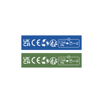 Electronic waste recycling label with UKCA and CE compliance marks for WEEE disposal bin sorting in regulated markets