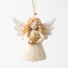 Fototapeta premium Handmade wool felt angel ornament in an ivory gown with layered wings isolated on a white background, serene handcrafted decoration