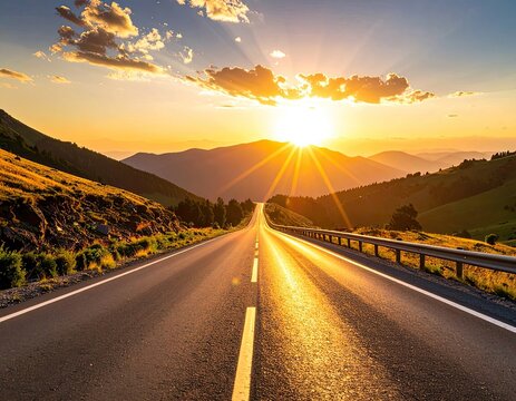 A scenic highway winds through rolling hills towards a radiant sunset.