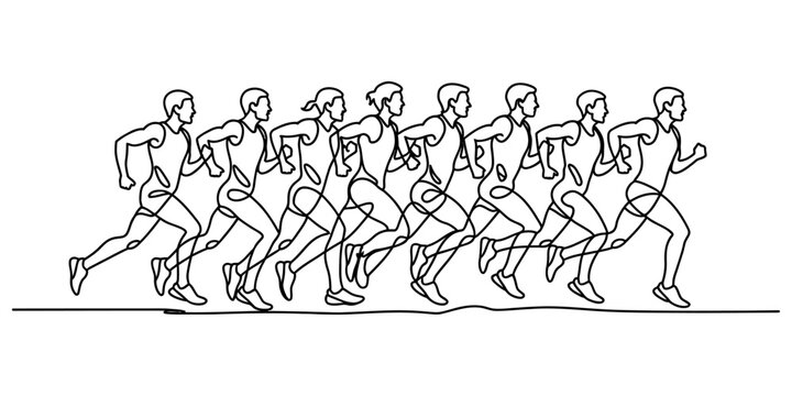Continuous line drawing of a person running showing steps and motion sequence