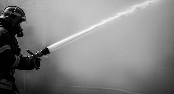 A powerful jet of water sprays from a fire hose, showcasing immense pressure and dynamic force in action.