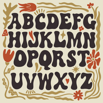 Funky hand-drawn groovy hippie alphabet vector with botanical elements, vintage 70s goblincore forest mushroom ABC kit, whimsical fairytale lettering set for typography design