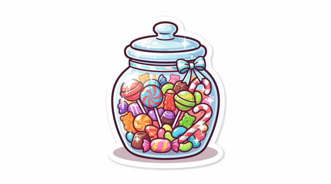 Colorful cartoon candy jar filled with assorted sweets, lollipops, and treats, on white background, digital art