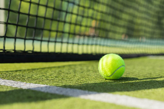 Bright greenish yellow tennis ball, court shadow and green texture of grass turf game match outdoor